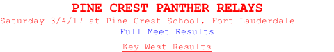 PINE CREST PANTHER RELAYS Saturday 3/4/17 at Pine Crest School, Fort Lauderdale							 Full Meet Results  Key West Results