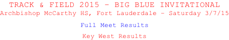 TRACK & FIELD 2015 – BIG BLUE INVITATIONAL Archbishop McCarthy HS, Fort Lauderdale – Saturday 3/7/15  Full Meet Results  Key West Results