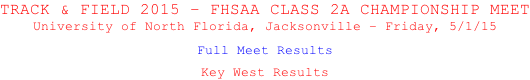 TRACK & FIELD 2015 – FHSAA CLASS 2A CHAMPIONSHIP MEET University of North Florida, Jacksonville – Friday, 5/1/15  Full Meet Results  Key West Results