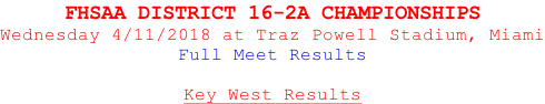 FHSAA DISTRICT 16-2A CHAMPIONSHIPS Wednesday 4/11/2018 at Traz Powell Stadium, Miami Full Meet Results  Key West Results